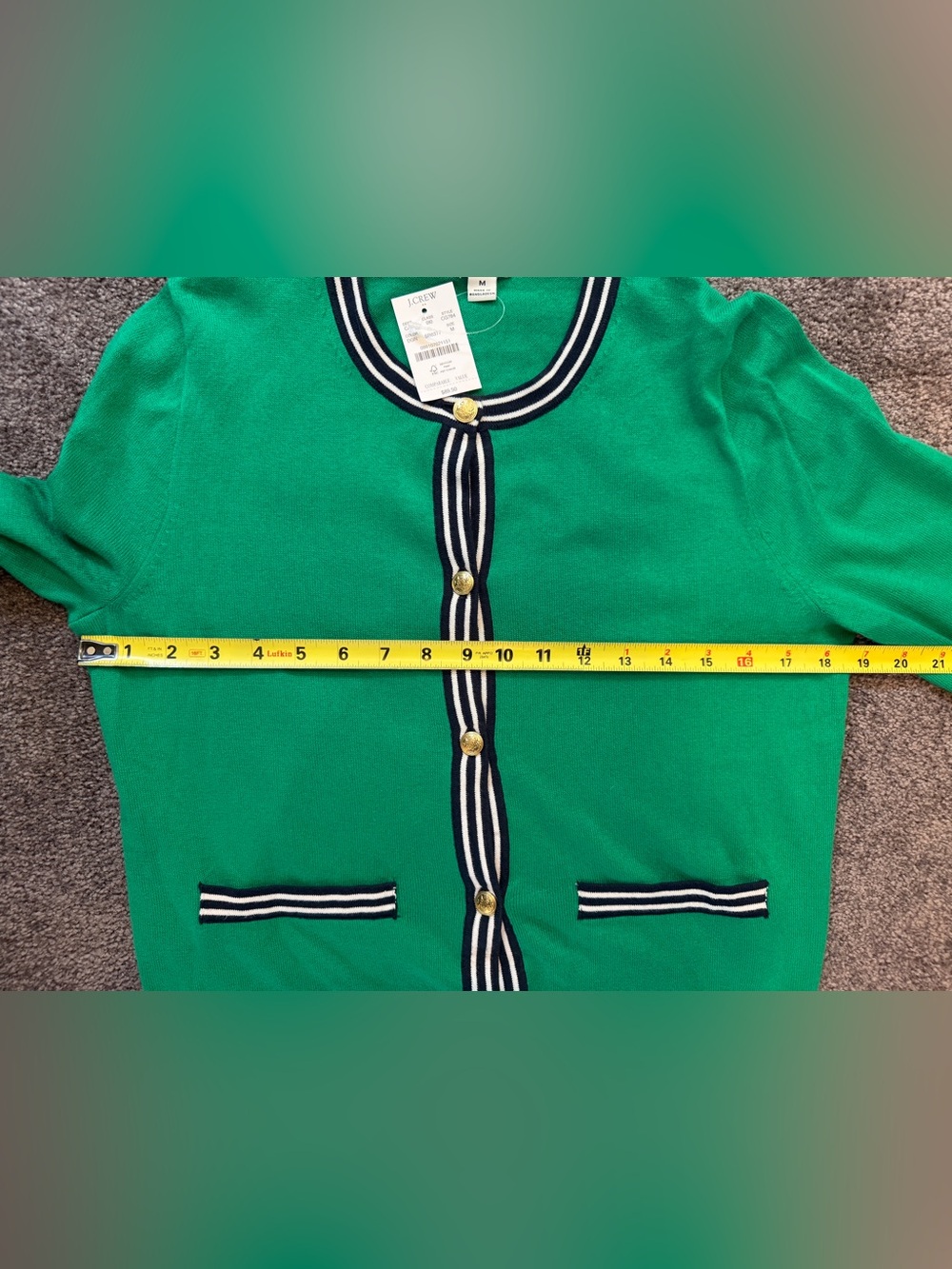 Women’s J. Crew Green Crewneck Cardigan with Navy Stripe Trim - Picture 6 of 8